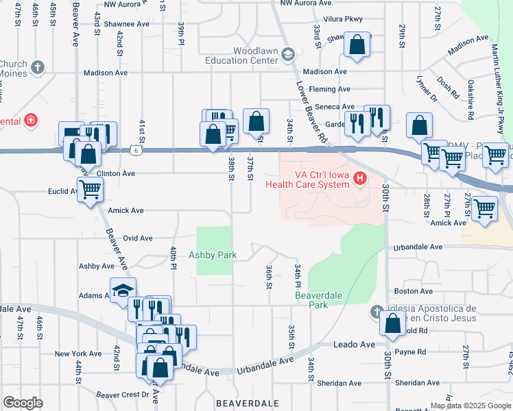 map of restaurants, bars, coffee shops, grocery stores, and more near 3704 Amick Avenue in Des Moines