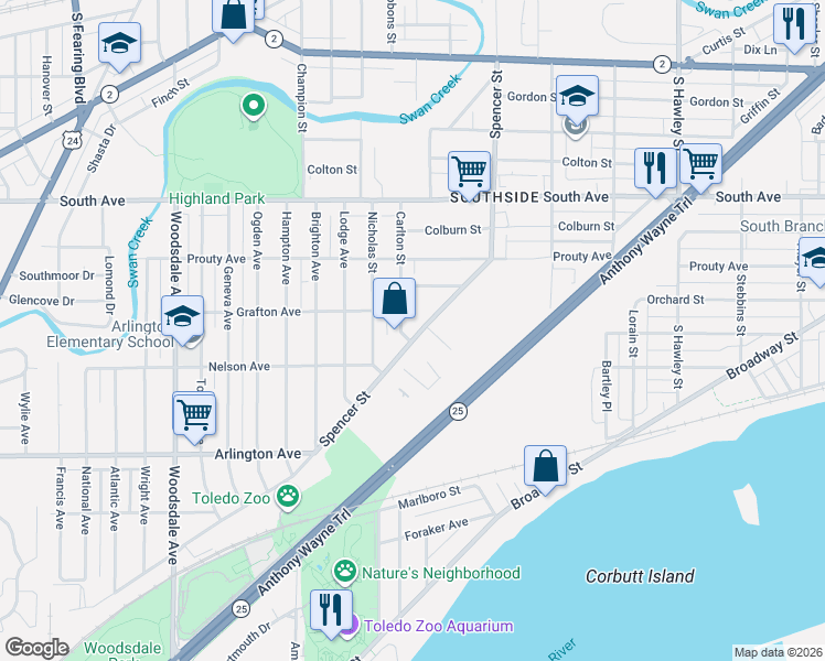 map of restaurants, bars, coffee shops, grocery stores, and more near 709 Spencer Street in Toledo