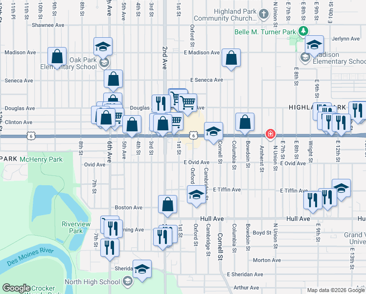 map of restaurants, bars, coffee shops, grocery stores, and more near 3416 Oxford Street in Des Moines