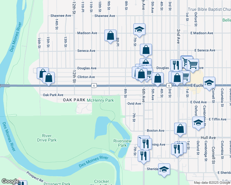 map of restaurants, bars, coffee shops, grocery stores, and more near 829 Oak Park Avenue in Des Moines