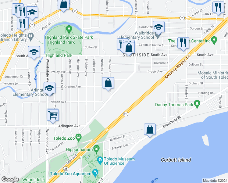 map of restaurants, bars, coffee shops, grocery stores, and more near 720 Spencer Street in Toledo