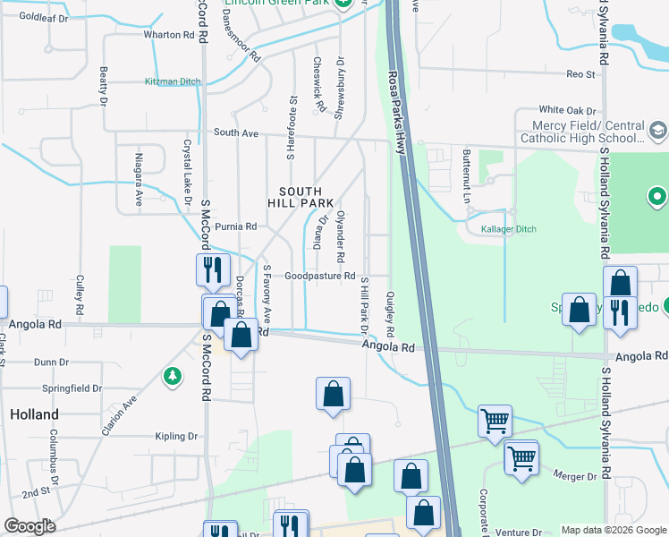map of restaurants, bars, coffee shops, grocery stores, and more near 804 Olyander Road in Holland