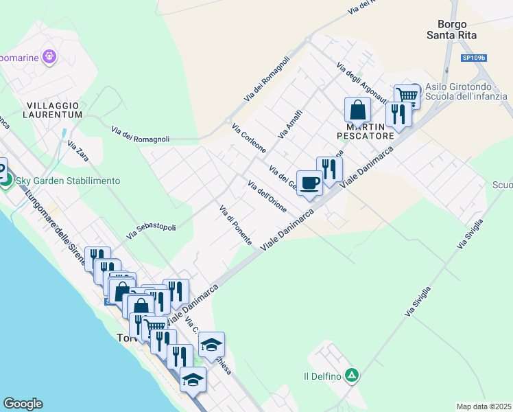 map of restaurants, bars, coffee shops, grocery stores, and more near 19 Via Monreale in Torvaianica