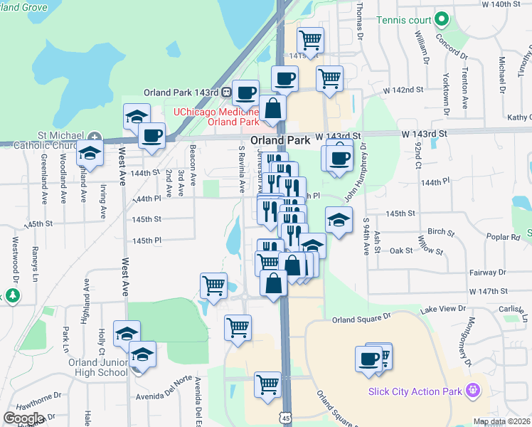 map of restaurants, bars, coffee shops, grocery stores, and more near 9650 145th Place in Orland Park