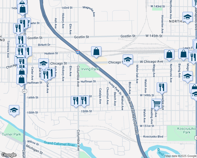 map of restaurants, bars, coffee shops, grocery stores, and more near 1319 Hoffman Street in Hammond