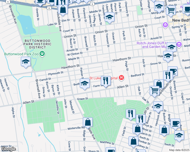 map of restaurants, bars, coffee shops, grocery stores, and more near 383 Bedford Street in New Bedford