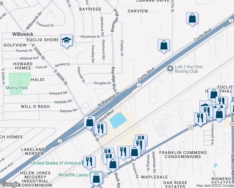 map of restaurants, bars, coffee shops, grocery stores, and more near 31624 North Marginal Drive in Willowick