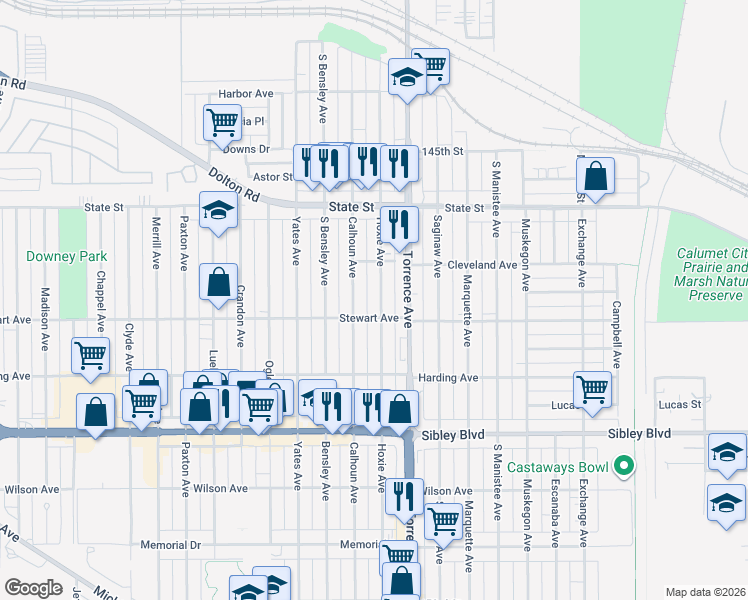 map of restaurants, bars, coffee shops, grocery stores, and more near 365 Calhoun Avenue in Calumet City