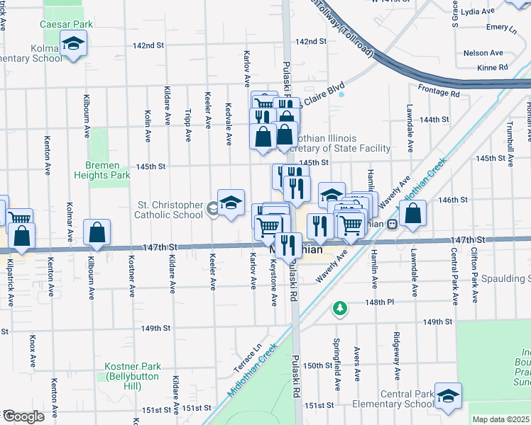 map of restaurants, bars, coffee shops, grocery stores, and more near 14629 Karlov Avenue in Midlothian
