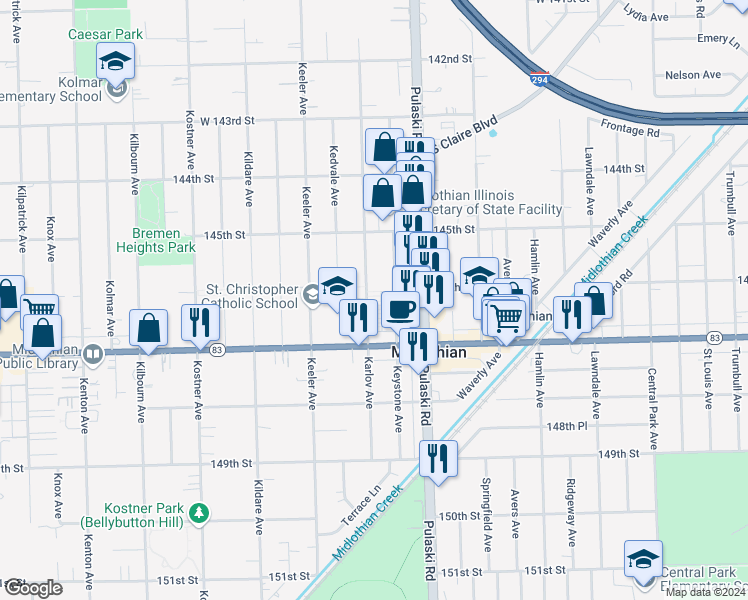 map of restaurants, bars, coffee shops, grocery stores, and more near 14629 Karlov Avenue in Midlothian