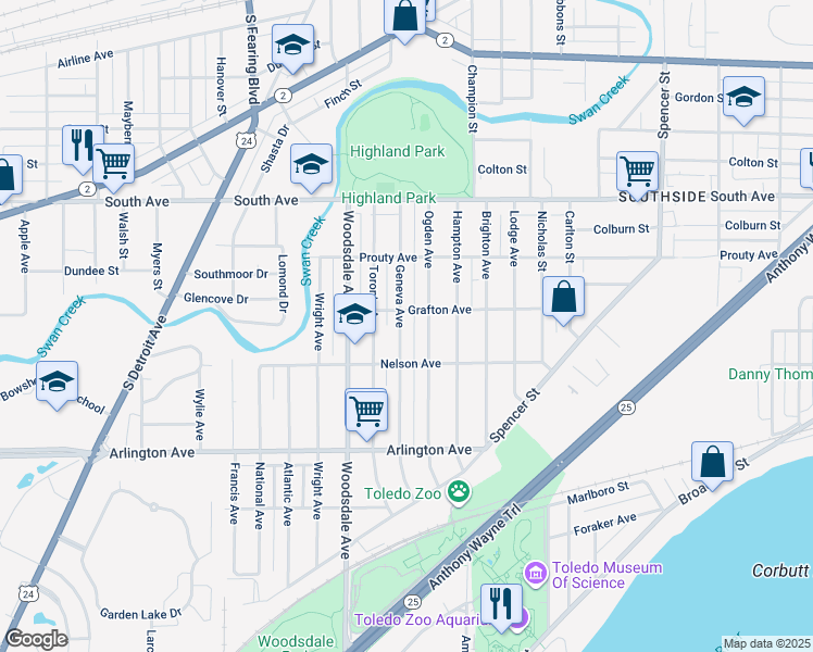map of restaurants, bars, coffee shops, grocery stores, and more near 713 Geneva Avenue in Toledo