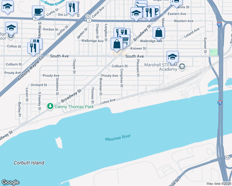 map of restaurants, bars, coffee shops, grocery stores, and more near 739 Redwood Avenue in Toledo