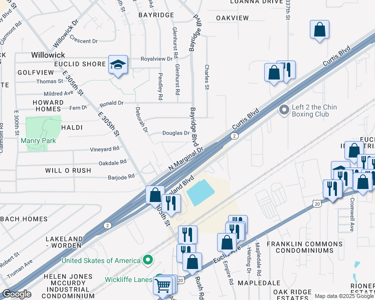 map of restaurants, bars, coffee shops, grocery stores, and more near 31624 North Marginal Drive in Willowick