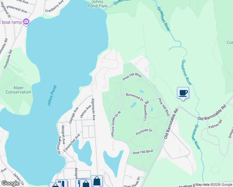 map of restaurants, bars, coffee shops, grocery stores, and more near Pga Lane in Mashpee