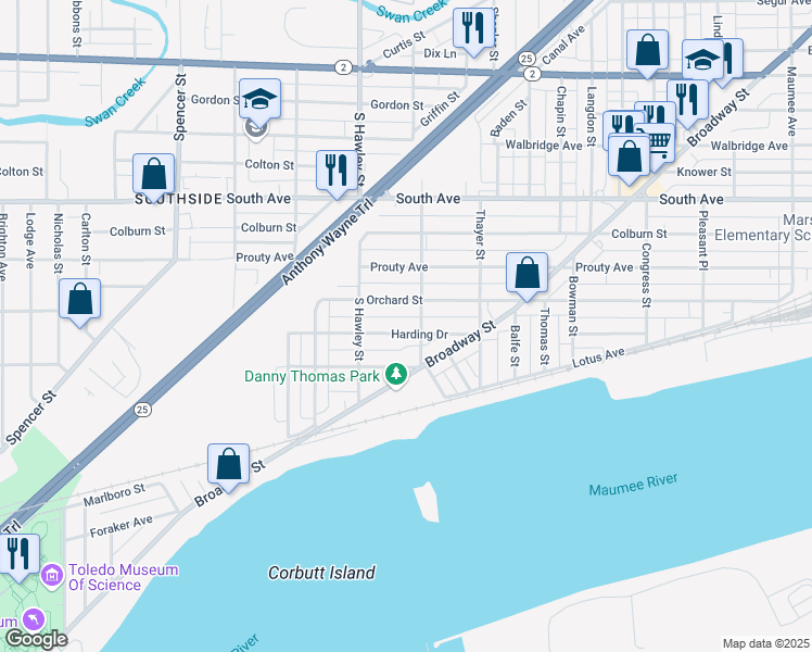 map of restaurants, bars, coffee shops, grocery stores, and more near 1014 Harding Drive in Toledo