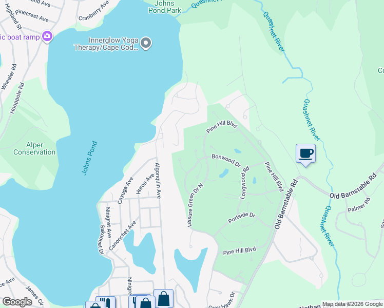 map of restaurants, bars, coffee shops, grocery stores, and more near 15 Pga Lane in Mashpee
