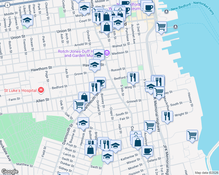 map of restaurants, bars, coffee shops, grocery stores, and more near 61 Forest Street in New Bedford