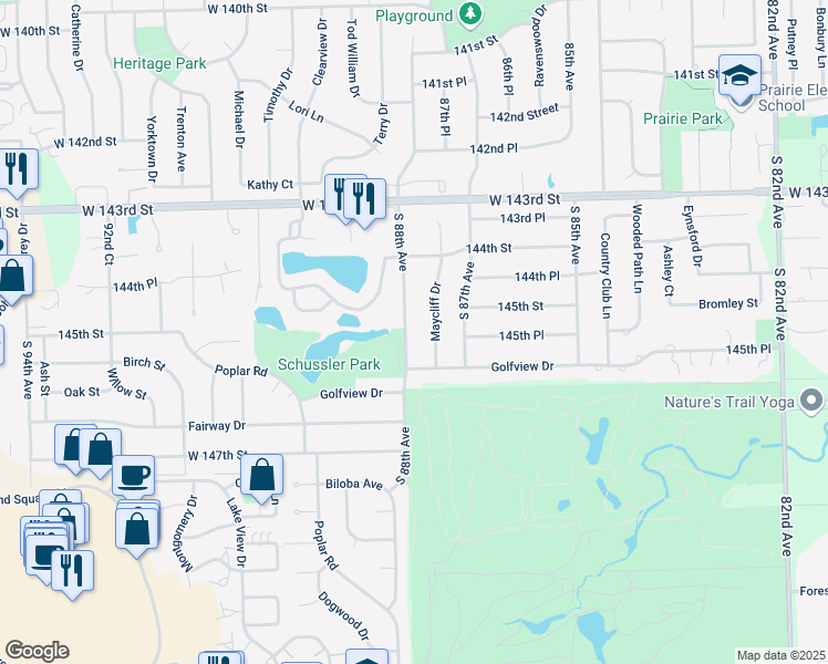 map of restaurants, bars, coffee shops, grocery stores, and more near 14517 South 88th Avenue in Orland Park