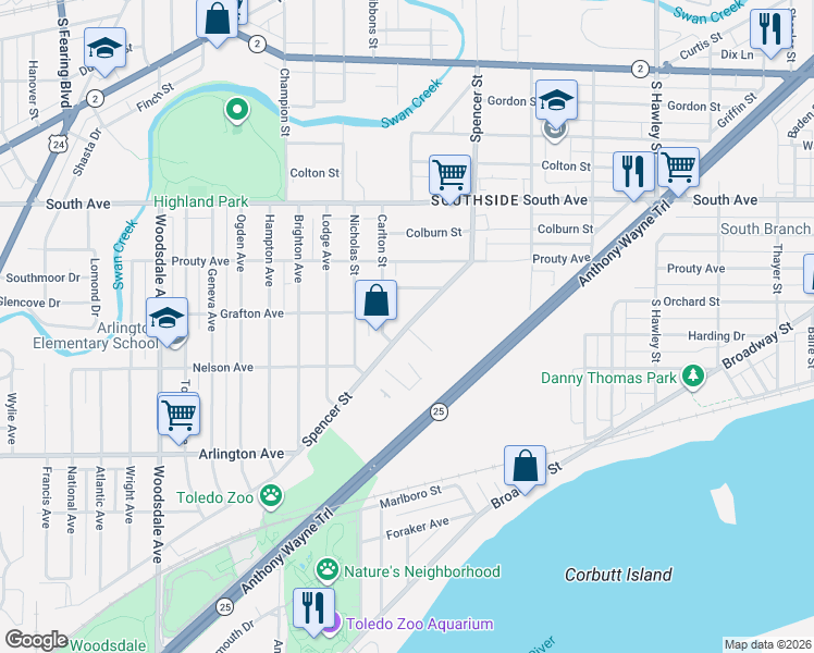 map of restaurants, bars, coffee shops, grocery stores, and more near 709 Spencer Street in Toledo