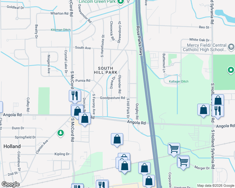 map of restaurants, bars, coffee shops, grocery stores, and more near 804 Olyander Road in Holland