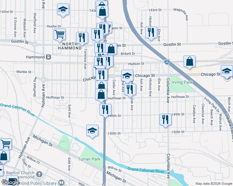 map of restaurants, bars, coffee shops, grocery stores, and more near 842 Hoffman St in Hammond