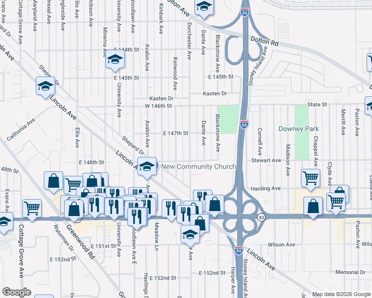 map of restaurants, bars, coffee shops, grocery stores, and more near 14742 Dorchester Avenue in Dolton