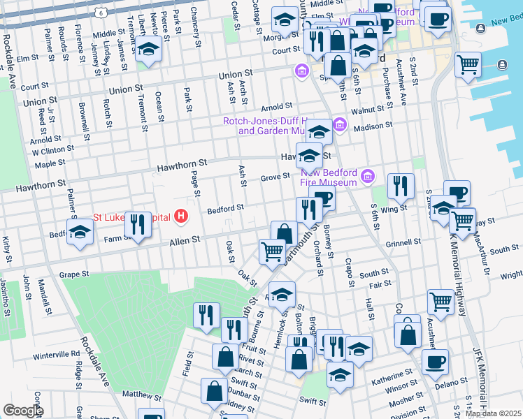 map of restaurants, bars, coffee shops, grocery stores, and more near 62 Ward Street in New Bedford