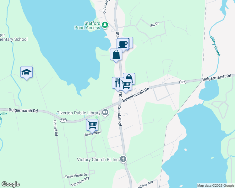 map of restaurants, bars, coffee shops, grocery stores, and more near 31 Crandall Road in Tiverton