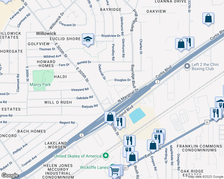 map of restaurants, bars, coffee shops, grocery stores, and more near 891 Brittney Court in Willowick