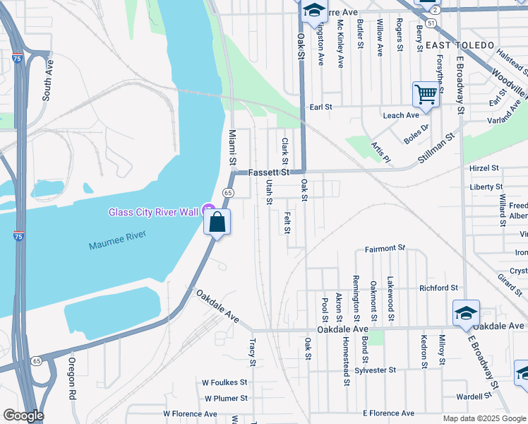 map of restaurants, bars, coffee shops, grocery stores, and more near 1340 Utah Street in Toledo