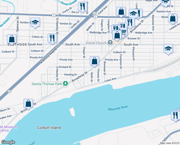 map of restaurants, bars, coffee shops, grocery stores, and more near 707 Thayer Street in Toledo