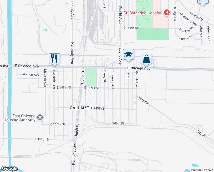 map of restaurants, bars, coffee shops, grocery stores, and more near 4810 Drummond St in East Chicago