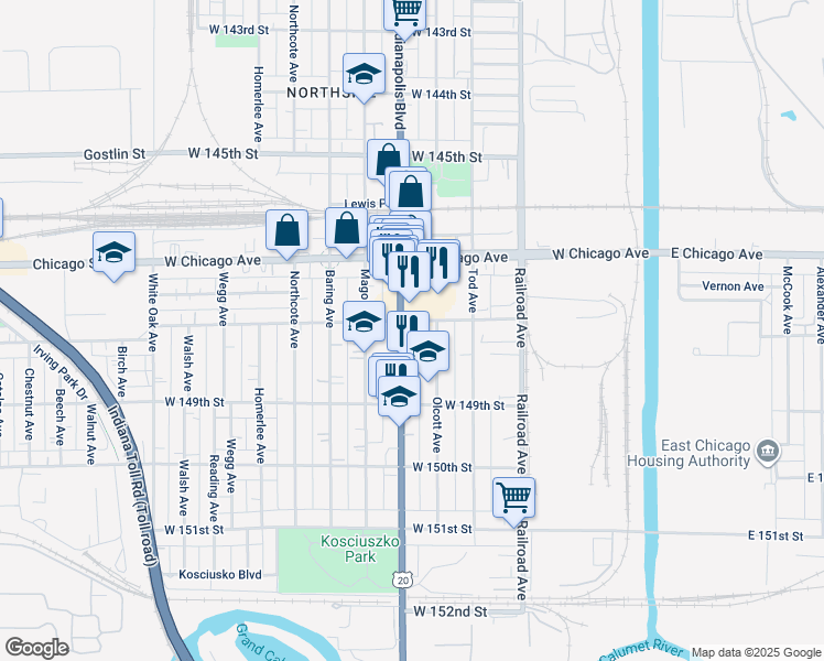 map of restaurants, bars, coffee shops, grocery stores, and more near 4822 Olcott Avenue in East Chicago