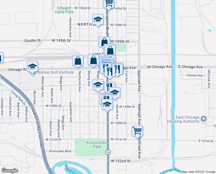 map of restaurants, bars, coffee shops, grocery stores, and more near 4824 U.S. 20 in East Chicago