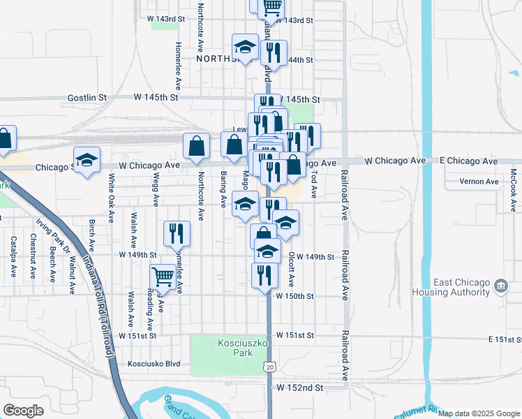 map of restaurants, bars, coffee shops, grocery stores, and more near 4822 Indianapolis Boulevard in East Chicago