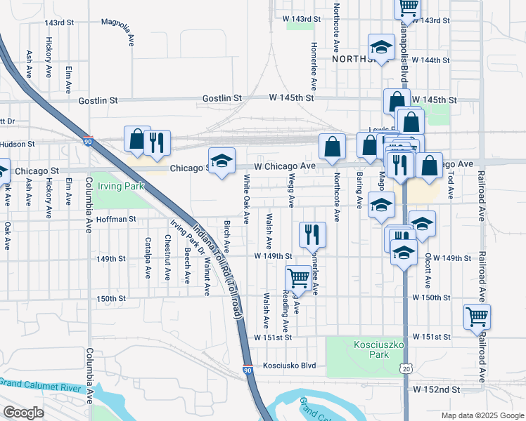 map of restaurants, bars, coffee shops, grocery stores, and more near 4819 Walsh Avenue in East Chicago