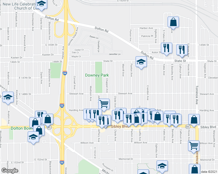 map of restaurants, bars, coffee shops, grocery stores, and more near 364 Clyde Avenue in Calumet City