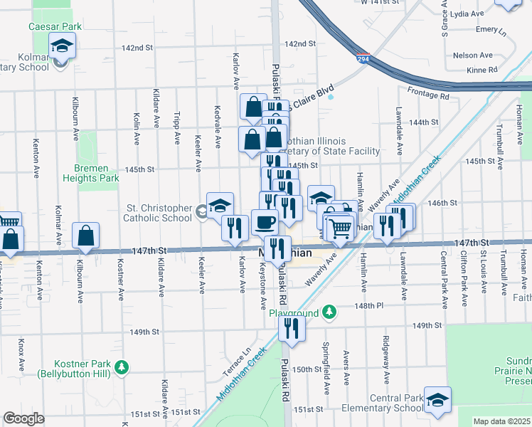 map of restaurants, bars, coffee shops, grocery stores, and more near 14633 Keystone Avenue in Midlothian
