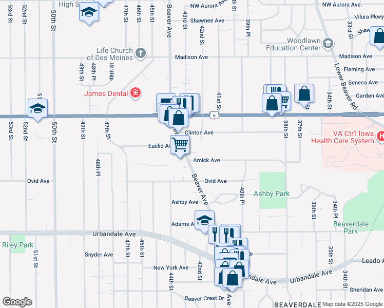 map of restaurants, bars, coffee shops, grocery stores, and more near 3422 Beaver Avenue in Des Moines