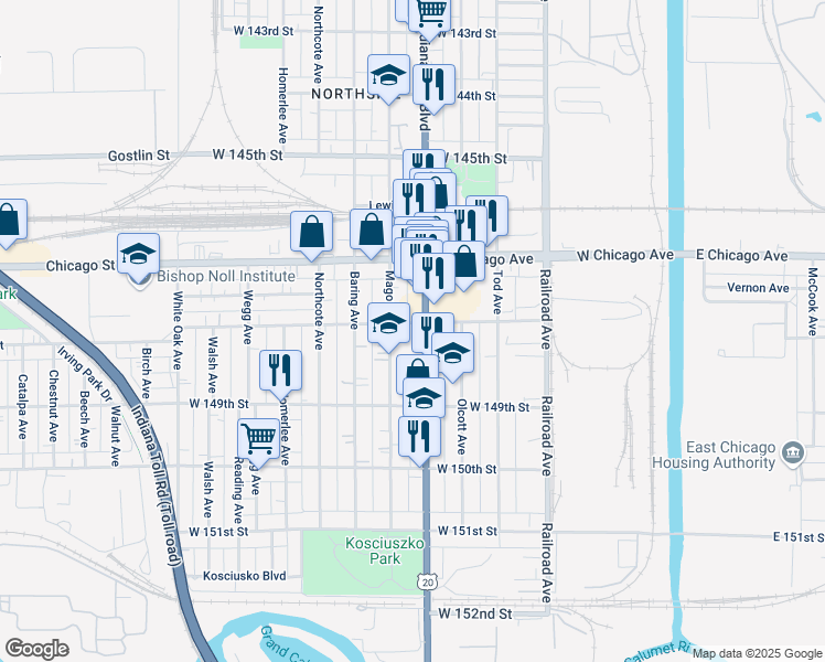 map of restaurants, bars, coffee shops, grocery stores, and more near 4822 Indianapolis Boulevard in East Chicago