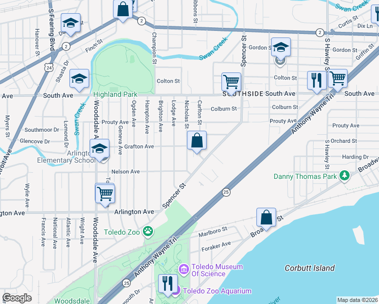 map of restaurants, bars, coffee shops, grocery stores, and more near 752 Spencer Street in Toledo