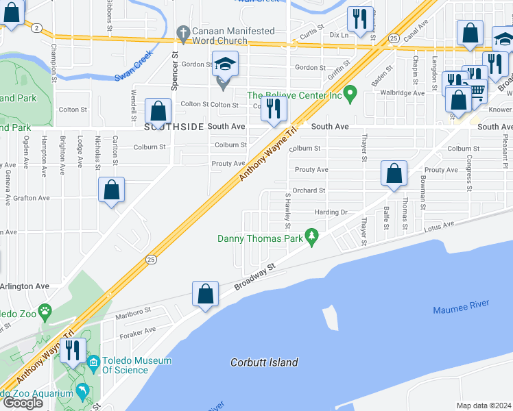 map of restaurants, bars, coffee shops, grocery stores, and more near 674 Lorain Street in Toledo