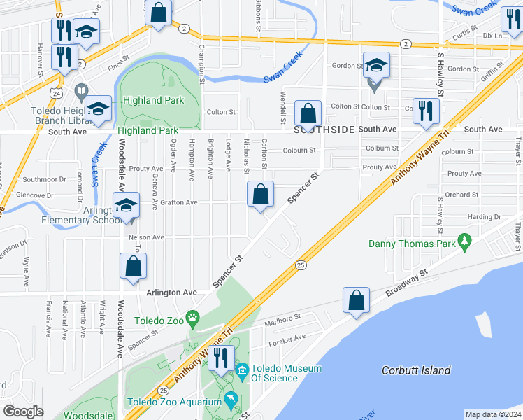 map of restaurants, bars, coffee shops, grocery stores, and more near 766 Carlton Street in Toledo