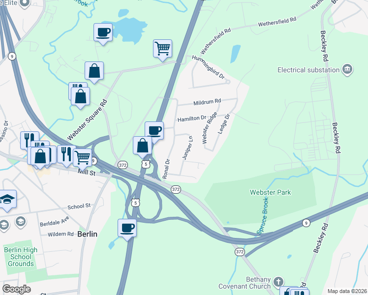 map of restaurants, bars, coffee shops, grocery stores, and more near 25 Laurel Drive in Berlin