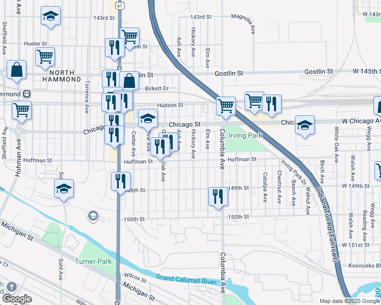 map of restaurants, bars, coffee shops, grocery stores, and more near 4815 Hickory Avenue in Hammond