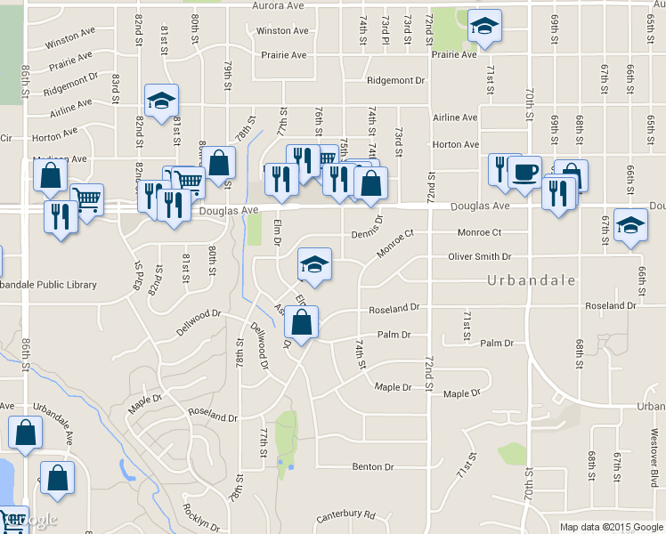map of restaurants, bars, coffee shops, grocery stores, and more near 7508 Wilden Dr in Urbandale