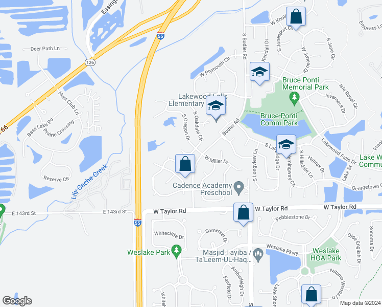map of restaurants, bars, coffee shops, grocery stores, and more near 22165 Ocala Court in Plainfield