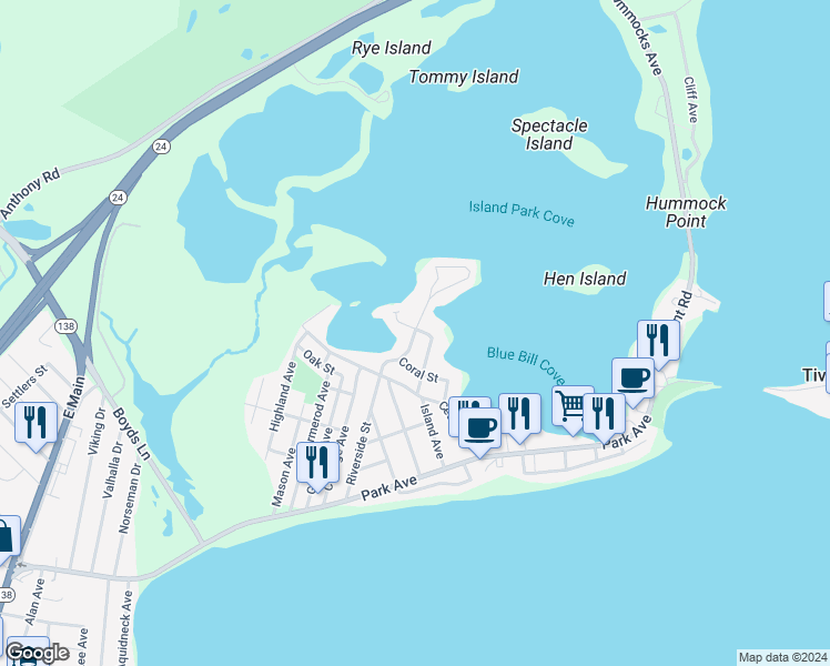 map of restaurants, bars, coffee shops, grocery stores, and more near 199 Riverside Street in Portsmouth