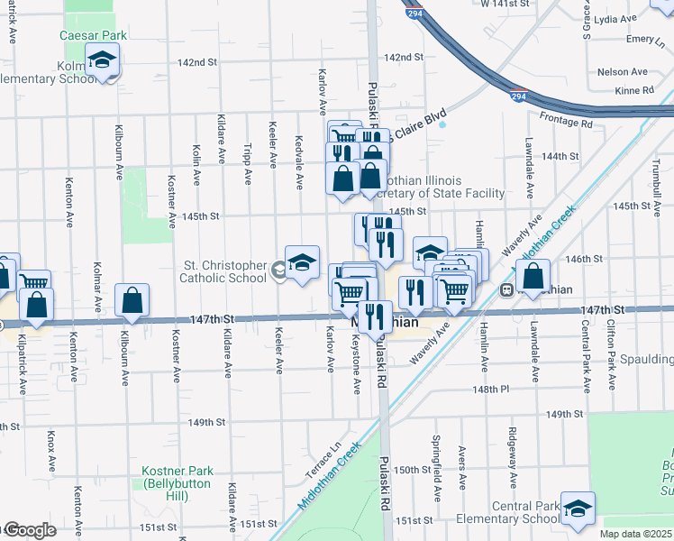 map of restaurants, bars, coffee shops, grocery stores, and more near 14601 Karlov Avenue in Midlothian