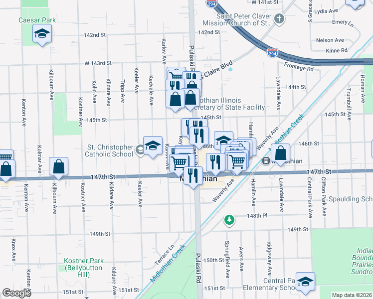 map of restaurants, bars, coffee shops, grocery stores, and more near 14601 Keystone Avenue in Midlothian